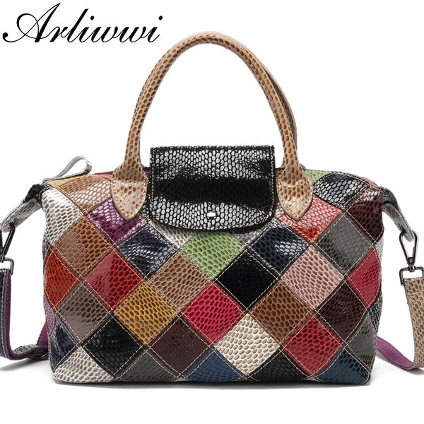 

arliwwi brand designer women genuine leather handbags handmade patchwork female real leather colorful bags new fashion gb08 c1223