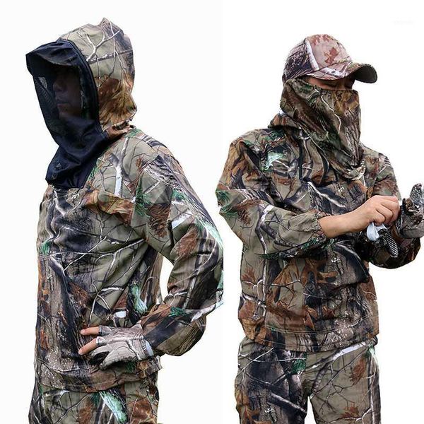 

hunting sets summer outdoor shooting ultra-thin bionic camouflage suit anti-mosquito fishing clothe tactical ghillie jacket pants set1, Camo