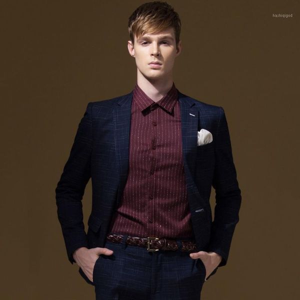 

men autumn formal blue plaid suit jacket slim blazer single button spring wedding groom business fashion christmas young man1, White;black