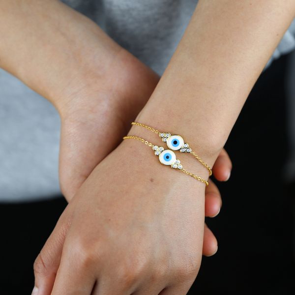 Förderung Gold Farbe Mode Frauen Schmuck Weiß Blau Emaille Bösen blick Charme Glück Mädchen Frauen Schmuck Armband