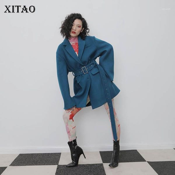 

xitao korean style plus size coat women simple wild woolen suit collar fashion slim fit waistband 2020 spring new dmy23931, Black