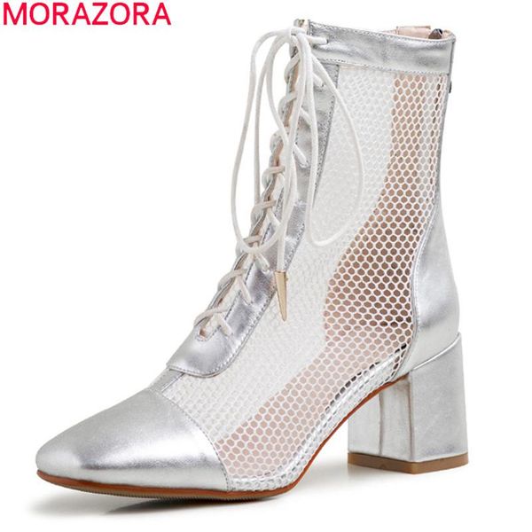 

morazora 2020 big size 33-43 women brand boots thick high heels square toe casual shoes spring fashion lace up ankle boots, Black