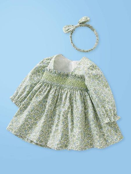 

baby shirred front ditsy floral dress with headband she, Red;yellow