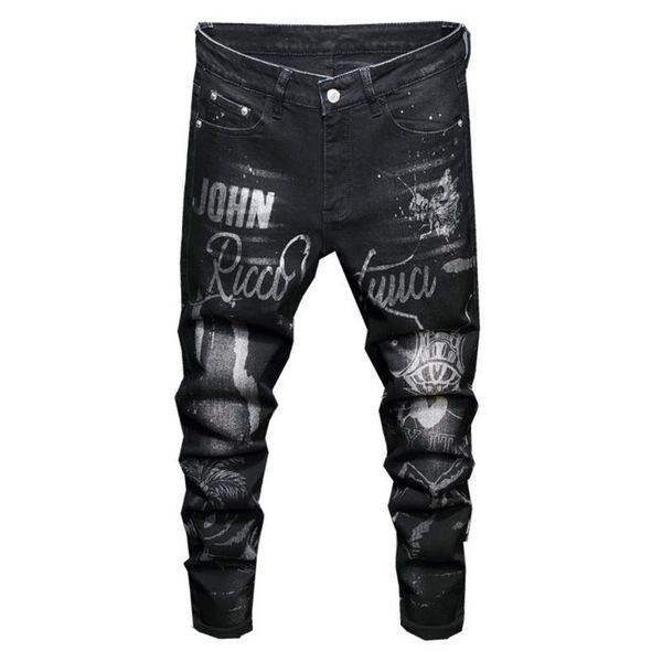 

men's jeans black slim straight print fashion letters painted stretch denim pants trousers, Blue