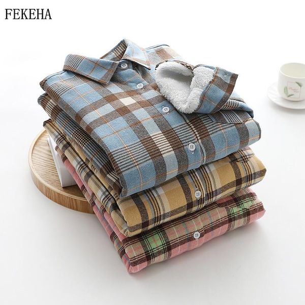 

winter warm blouses womens velvet thick plaid shirts long sleeve lady college style casual outerwear female clothes, White