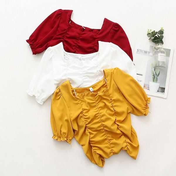 

2021 summer new for women fashion sweet pleated solid color blouse casual slim short sleeve square collar shirt, White