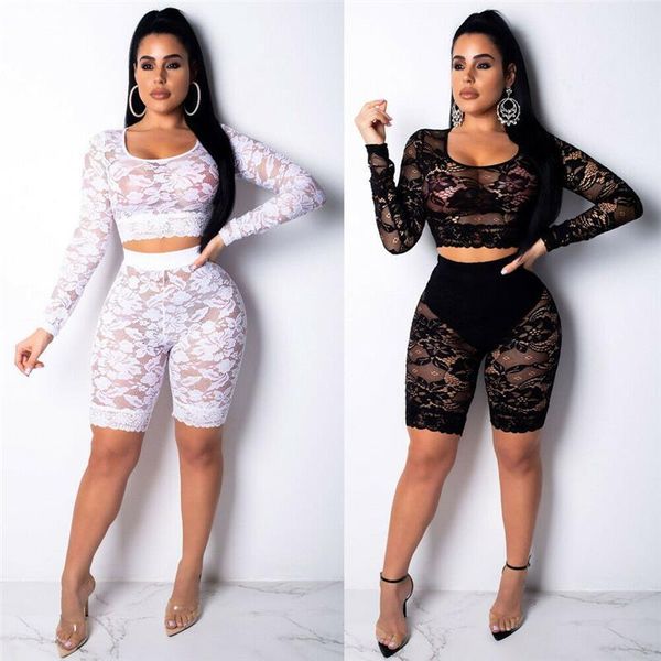 

new women hollow out long sleeve transparent mesh fishnet crop lace patchwork print t-shirt shorts set, Gray