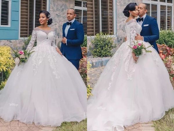 

vintage sheer neck ball gown wedding dresses illusion long sleeves lace applique court train satin wedding reception dress bridal gown, White