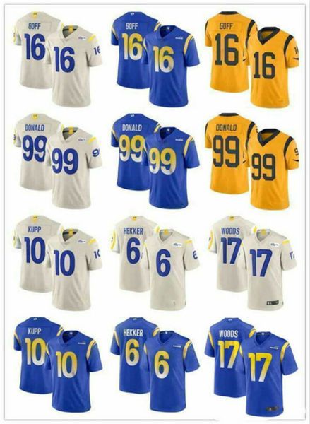 

мужские женщины лос-анджелес нфл барас youth 99 aaron donald 10 cooper kupp 16 goff 6 johnny hekker 17 роберт вудс футбольные майки, Black;red
