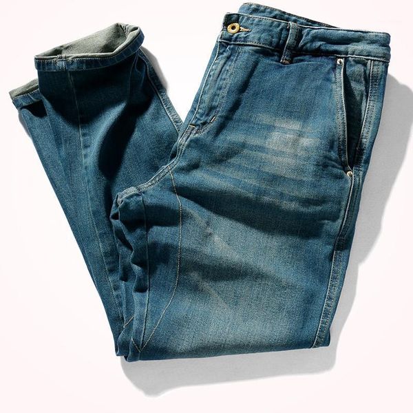 

2021 spring new loose tapered jeans men's capris vintage sand wash old small foot fit elastic denim jeans straight pants1, Blue