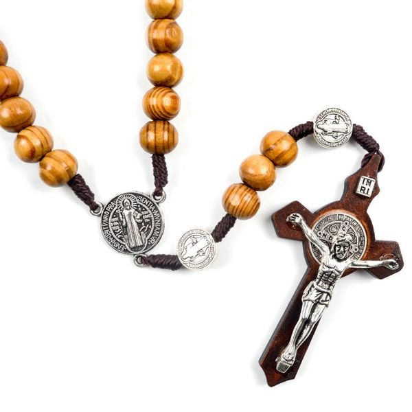 

pendant necklaces 8mm/10mm rosary wooden necklace cross jesus for men woman inri catholicism religious beaded chain jewelry, Silver