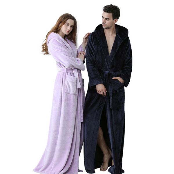 

2021 new autumn winter women's long nightgown solid fluffy flannel female nightdress hood v neck with sashes pockets thick bathrobes jh, Black;red