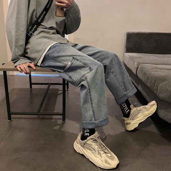 

2020 fall new washe jeans loose side large pockets japanese casual straight pants pantalon hombre men ankle length ment trousers, Blue