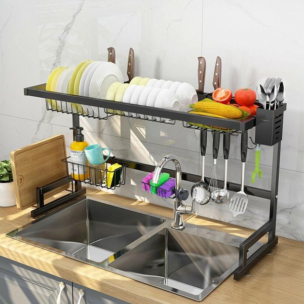 

2 tier stainless steel dish drying rack over sink kitchen cutlery drainer holder