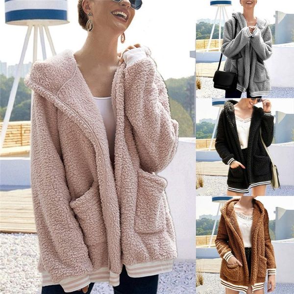 

2020 loose wool coat with hat striped long jacket winter thick warm blend cardigan abrigos mujer invierno1, Black