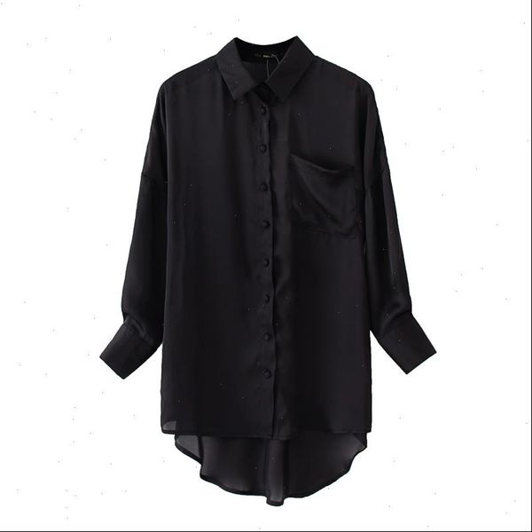 

2021 women black oversized loose pocket satin silk blouses shirts office lady summer boyfriend long sleeve button, White