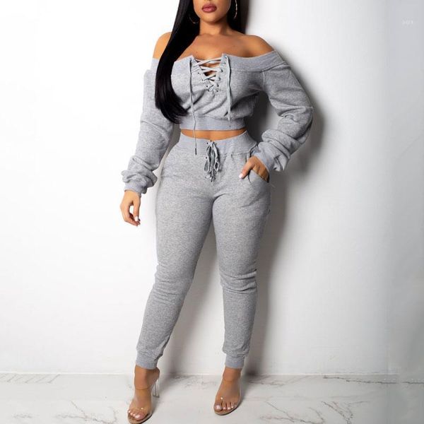 

2020 autumn tracksuits women set women winter crop set sweat suits sweatsuit bandage two piece outfits for1, White