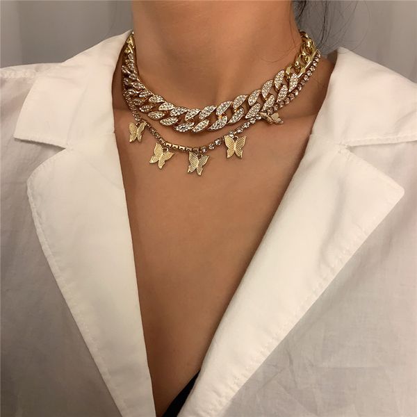

layered butterfly necklaces fashion pendant necklace cuba chain rhinestones choker women gilrs full crystal body jewelry kimter-l978fa