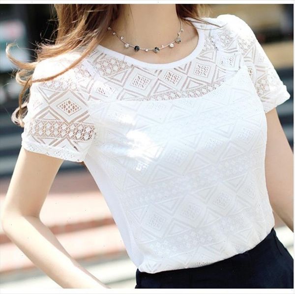 

softu women fashion hollow out short sleeve blouses lace chiffon shirts casual ladies blusas women, White