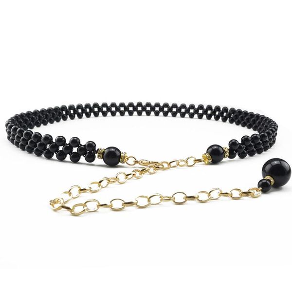 

women gold belt waist chain dress decoration metal pearl fashion elegant all-match belt femalw, Black;brown