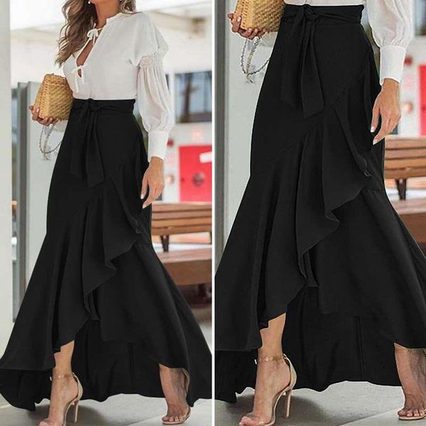 

2020 fashion women asymmetrical ruffles skirt fishtail maxi skirt summer 5xl high waist party casual loose mermaid skirts, Black