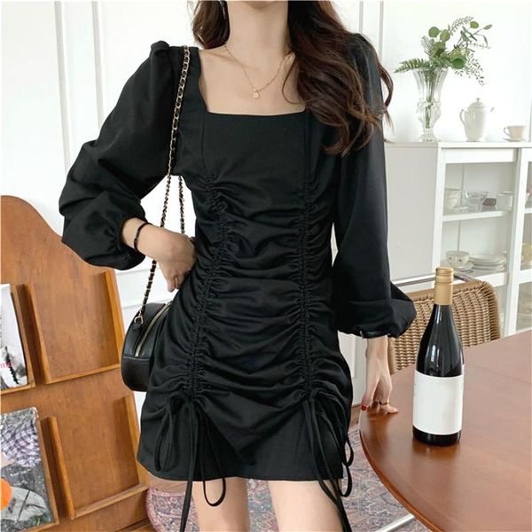 

casual dress women draped mini style lace-up long sleeve y2k party dress square collar one-piece korean 2021 autumn, Black;gray