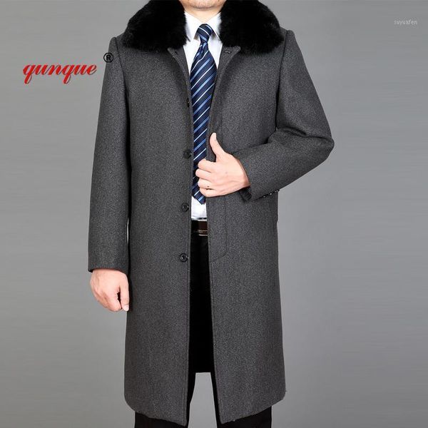 

quanque2020 new men's wool blended coat winter wool long coat imitation hair lapel warm winter fashion1, Black