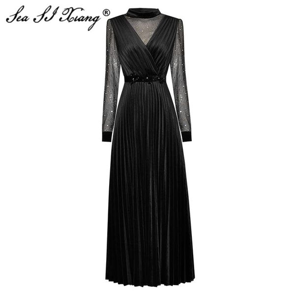 

seasixiang fashion designer spring dress women's long sleeve mesh patchwork beading velvet pleated dresses, Black;gray