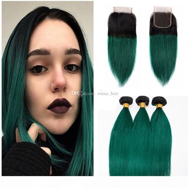 

ombre green bundles with closure silky straight color 1b green dark roots ombre brazilian human hair 3 bundles with lace closure, Black;brown