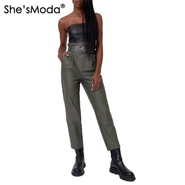 

she'smoda 2020 new pu leather women's long slim fit mid-waist pencil pants1, Black;white