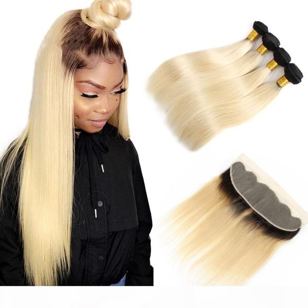 

1b 613 ombre straight blonde hair brazilian straight human hair bundles with frontal ombre straight frontal human hair extension, Black