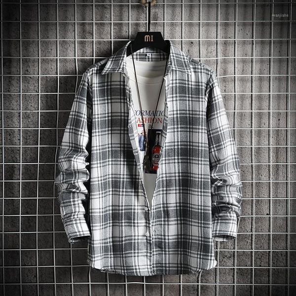 

casual spring autumn plaid shirt men long sleeve 2020 japan style loose streetwear shirts plus size -5xl clothes1, White;black