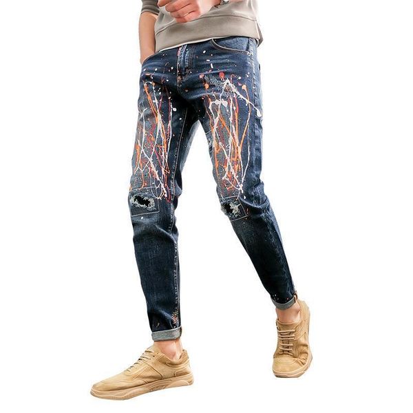 

men's long pants jean rap hip hop denim trousers casual floraltrousers, Blue