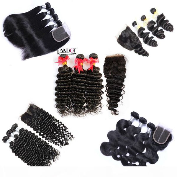 

cambodian virgin hair weave 3 bundles with lace closure unprocessed remy human hair body wave straight loose deep curly wet and wavy closure, Black
