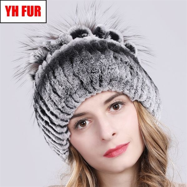 

new russia women real rex rabbit fur hats knitted striped lady 100% genuine rex rabbit fur beanies hat winter warm flowers caps y200102, Blue;gray