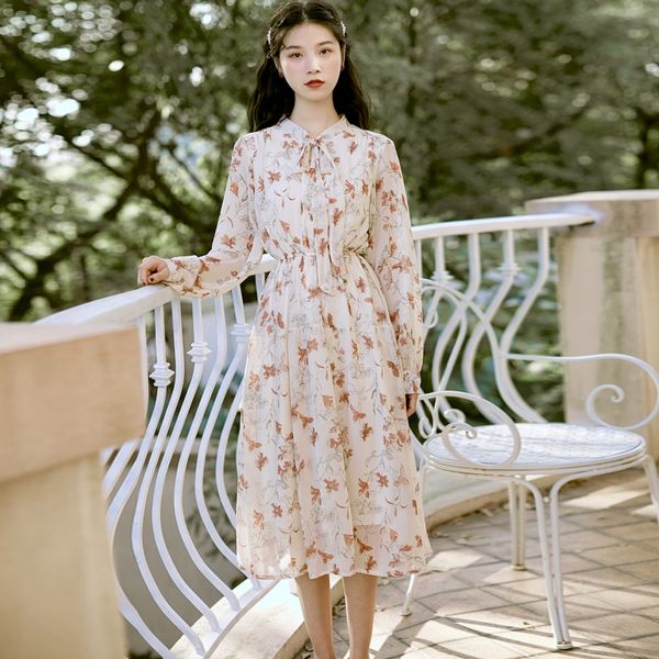 

2021 new spring fall female bow floral collar long impression elegant sleeve korean chiffon white midi dress h0043 cxft, Black;gray