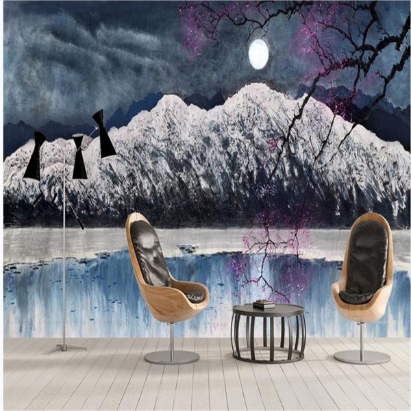 

new chinese style modern wallpaper for living room hand painted plum blossom mountain scenery wallpapers background wall