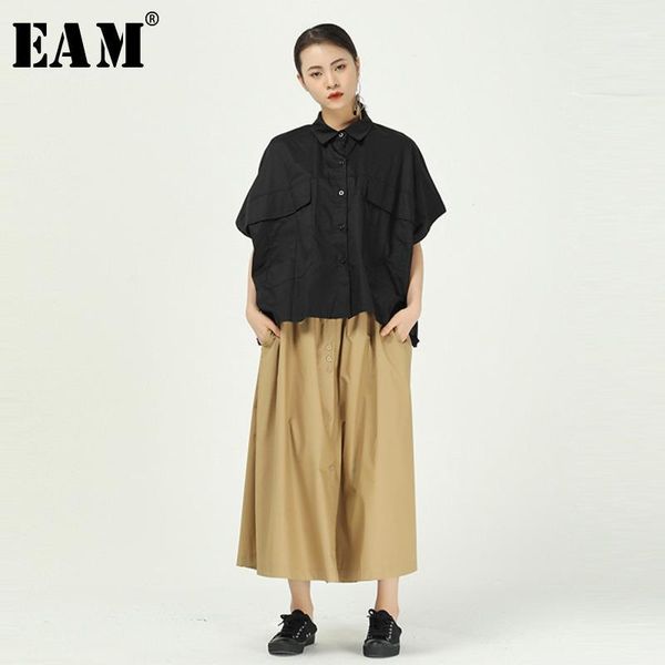 

women's blouses & shirts [eam] women black big pocket split size blouse lapel half sleeve loose fit shirt fashion tide spring summer 20, White