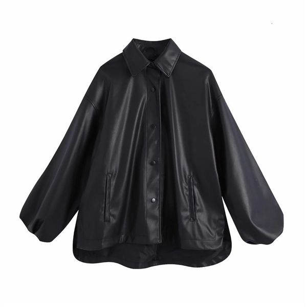 

2021 new black faux leather jacket women autumn lapel collar long puff sleeve asymmetric split hem button-up loose ladies jackets fb9h, Black;brown