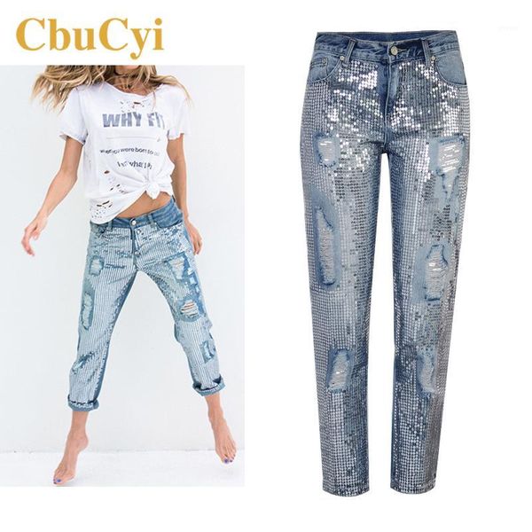 

cbucyi new fashion women's clothing loose straight jeans sequined washed holes denim pants female casual cotton jeans trousers1, Blue