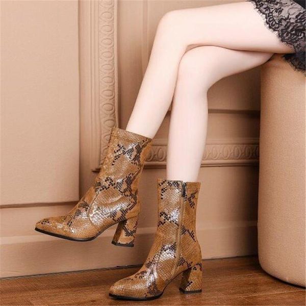 

retro snake print boots women 2021 new thick heel side zipper high heel riding boots female large size knight womens shoes, Black