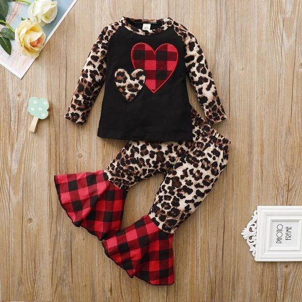 

1-6y valentine's day outfits toddler baby girl o neck long sleeve plaid leopard heart patchwork long flare pants sets 2pcs1, White