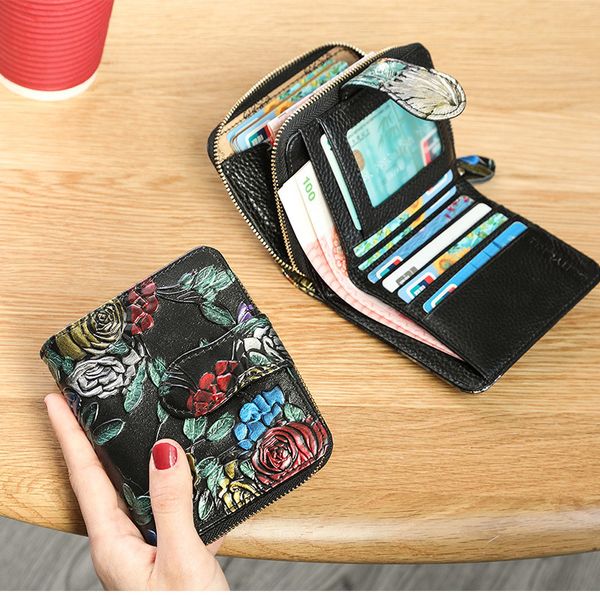 

colorful oil painting flower short wallet women genuine leather purse female card holder wallet purse women's coin bag lady bag c1115, Red;black