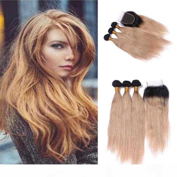 

virgin peruvian human hair straight 1b 27 two tone honey blonde dark root hair 3pcs hair weft with lace closure 4pcs lot, Black;brown