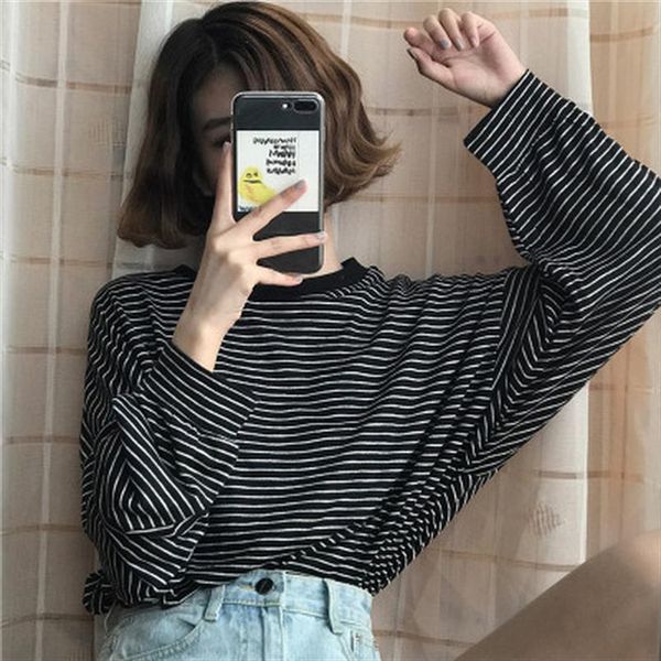 

autumn t shirt women 2020 casual long sleeve o neck loose amp;tees fashion striped streetwear hip hop ladies oversize t shirt, White