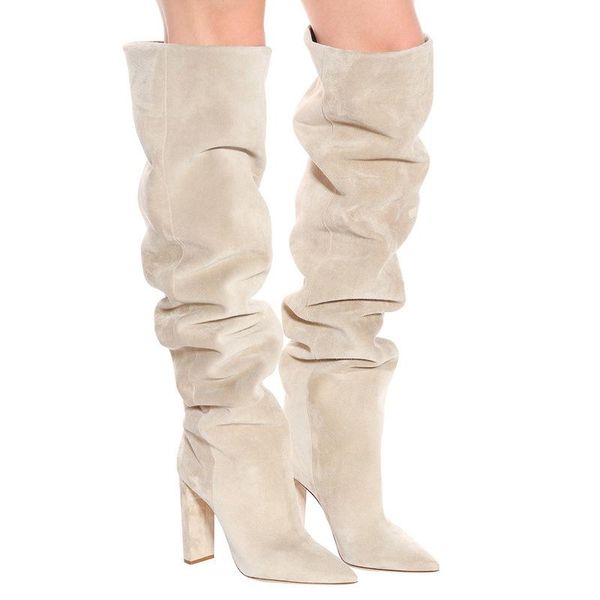 

women faux suede over the knee high slouchy boots pointy toe chunky heel slouch long boots ladies winter heeled shoes, Black