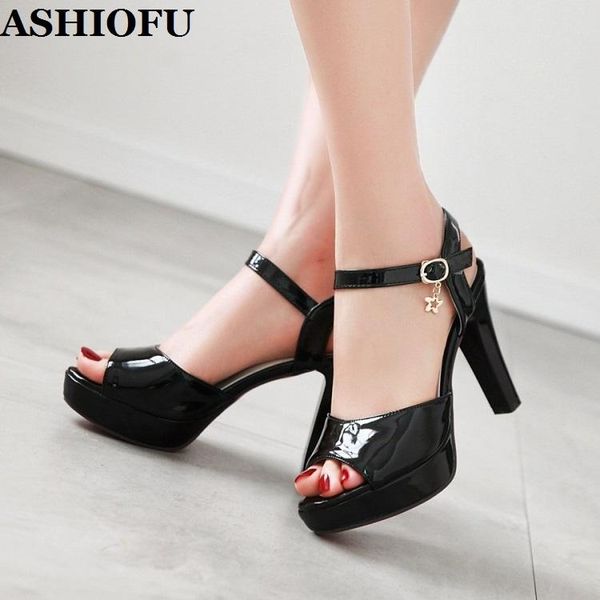 

ashiofu handmade new ladies 10cm high heel sandals patent leather platform peep-toe summer shoes party prom fashion sandal shoes, Black
