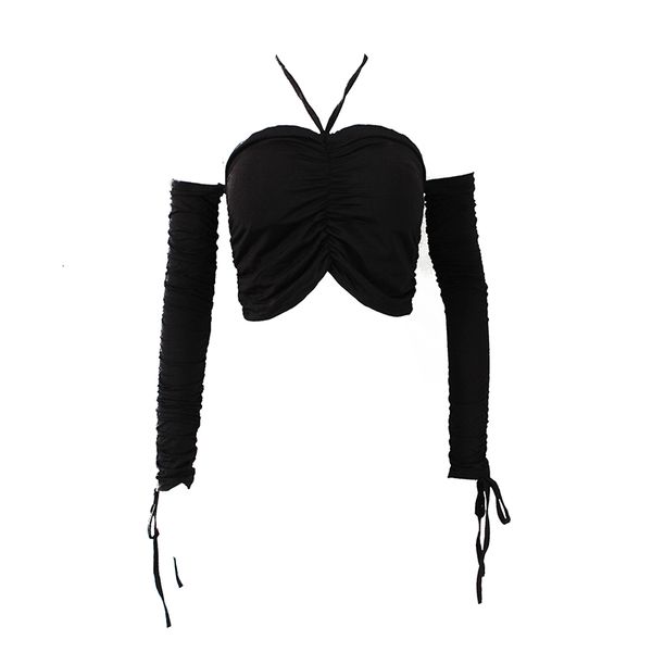 

2021 new shows thin black bend joker orvalho short shoulder halter elastic macio women's clothes 655e, White