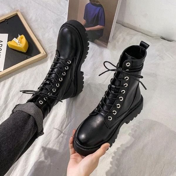 

white black pu leather ankle boots women autumn winter round toe lace up shoes woman fashion motorcycle platform botas #on60