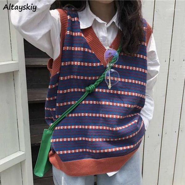 

vests women knitted retro striped v-neck loose korean style preppy tank outwear lazy chic bf popular female clothing daily cute1, Black;white